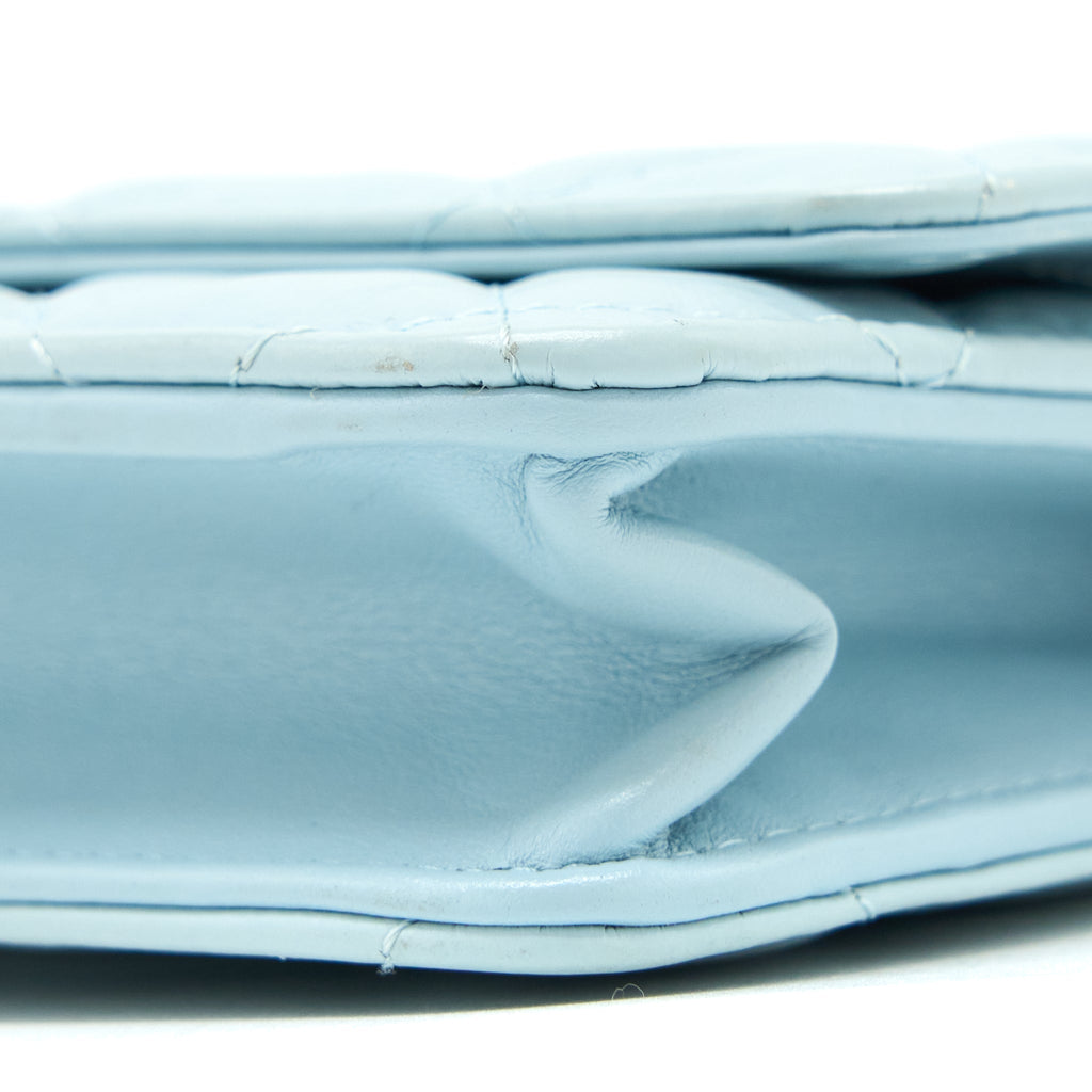 CHANEL 2.55 REISSUE WALLET ON CHAIN AGED CALFSKIN LIGHT BLUE BRUSHED GHW (MICROCHIP)
