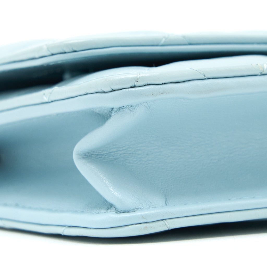 CHANEL 2.55 REISSUE WALLET ON CHAIN AGED CALFSKIN LIGHT BLUE BRUSHED GHW (MICROCHIP)