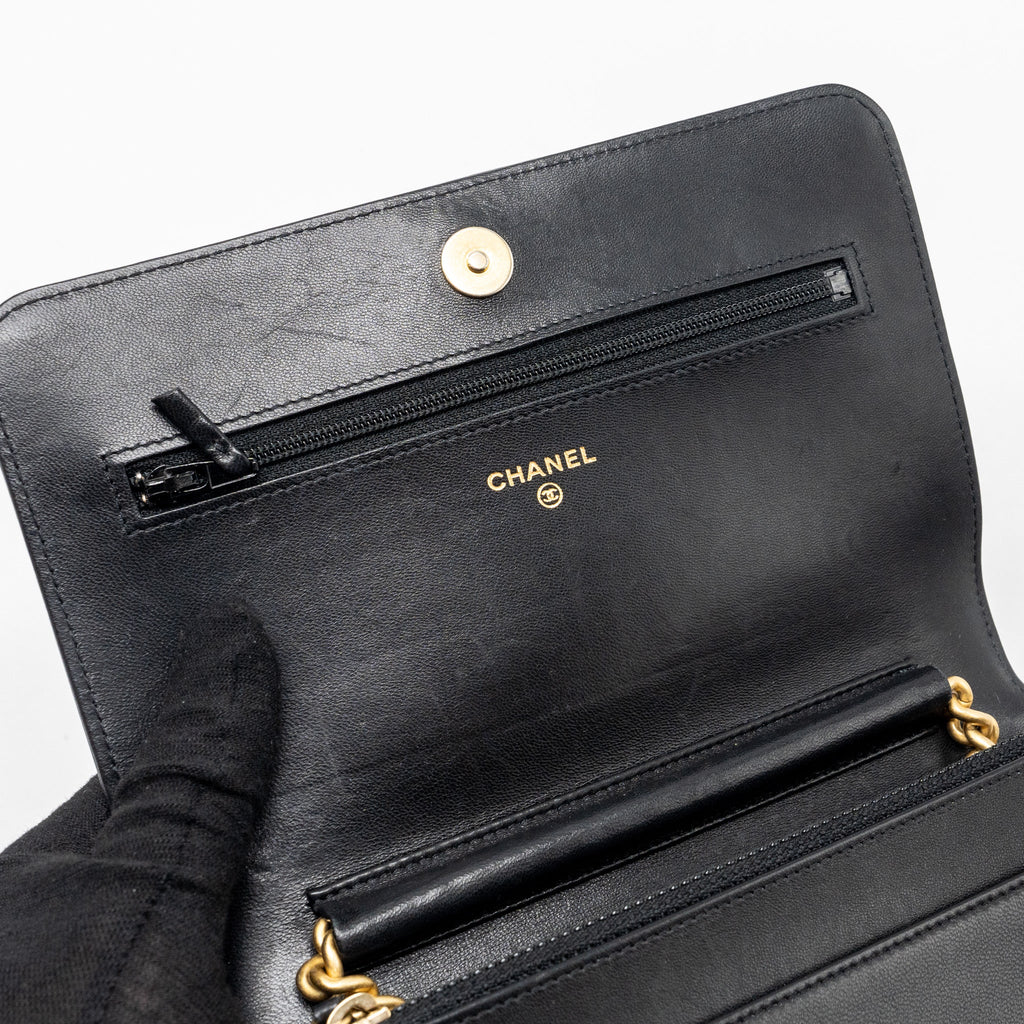 CHANEL BOY WALLET ON CHAIN LAMBSKIN BLACK BRUSHED GHW