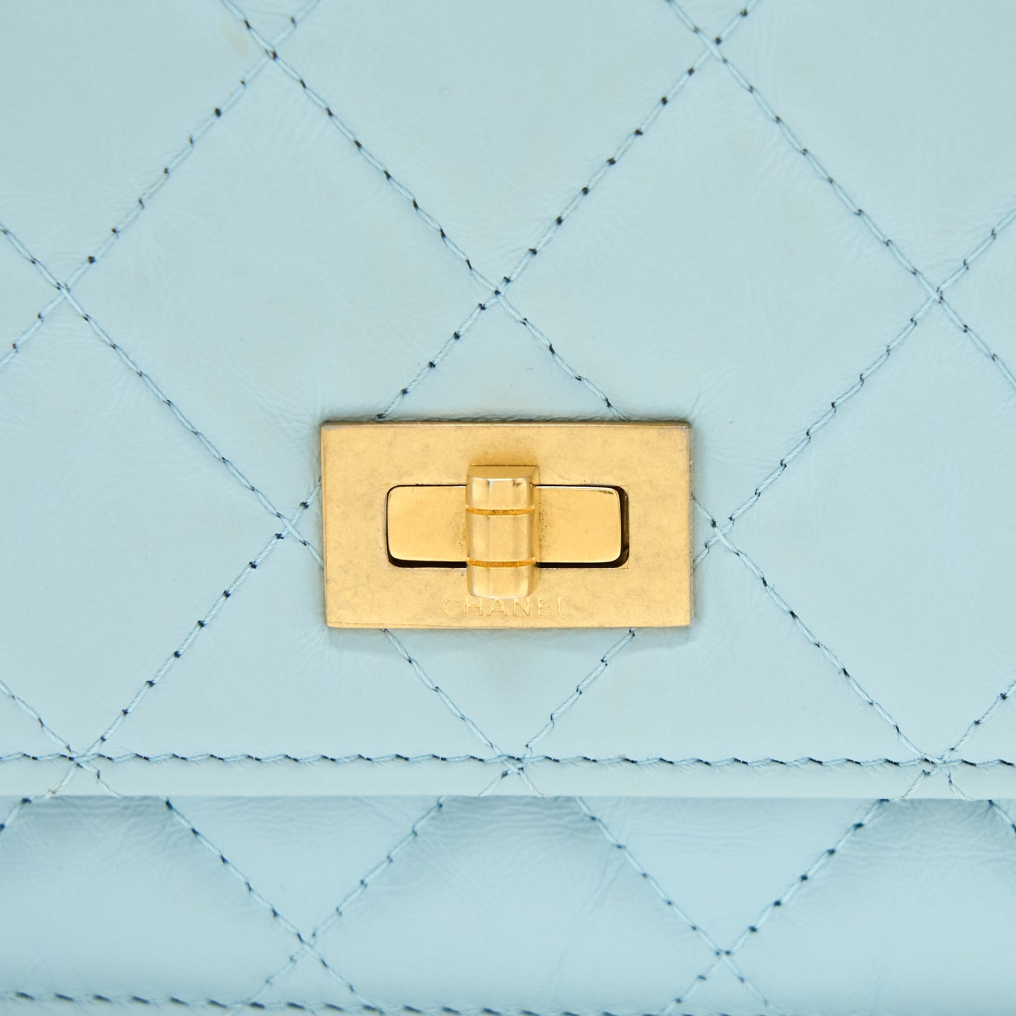 CHANEL 2.55 REISSUE WALLET ON CHAIN AGED CALFSKIN LIGHT BLUE BRUSHED GHW (MICROCHIP)