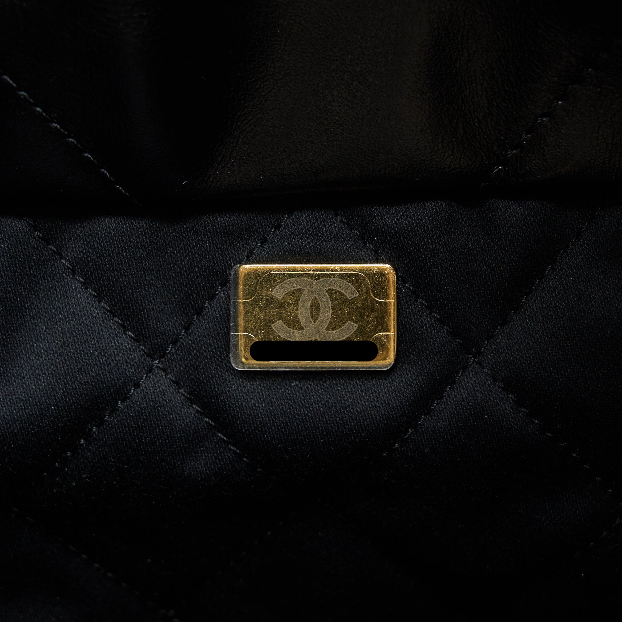 CHANEL SMALL 22 BAG GOLD LETTER SHINY CALFSKIN BLACK GHW (MICROCHIP)