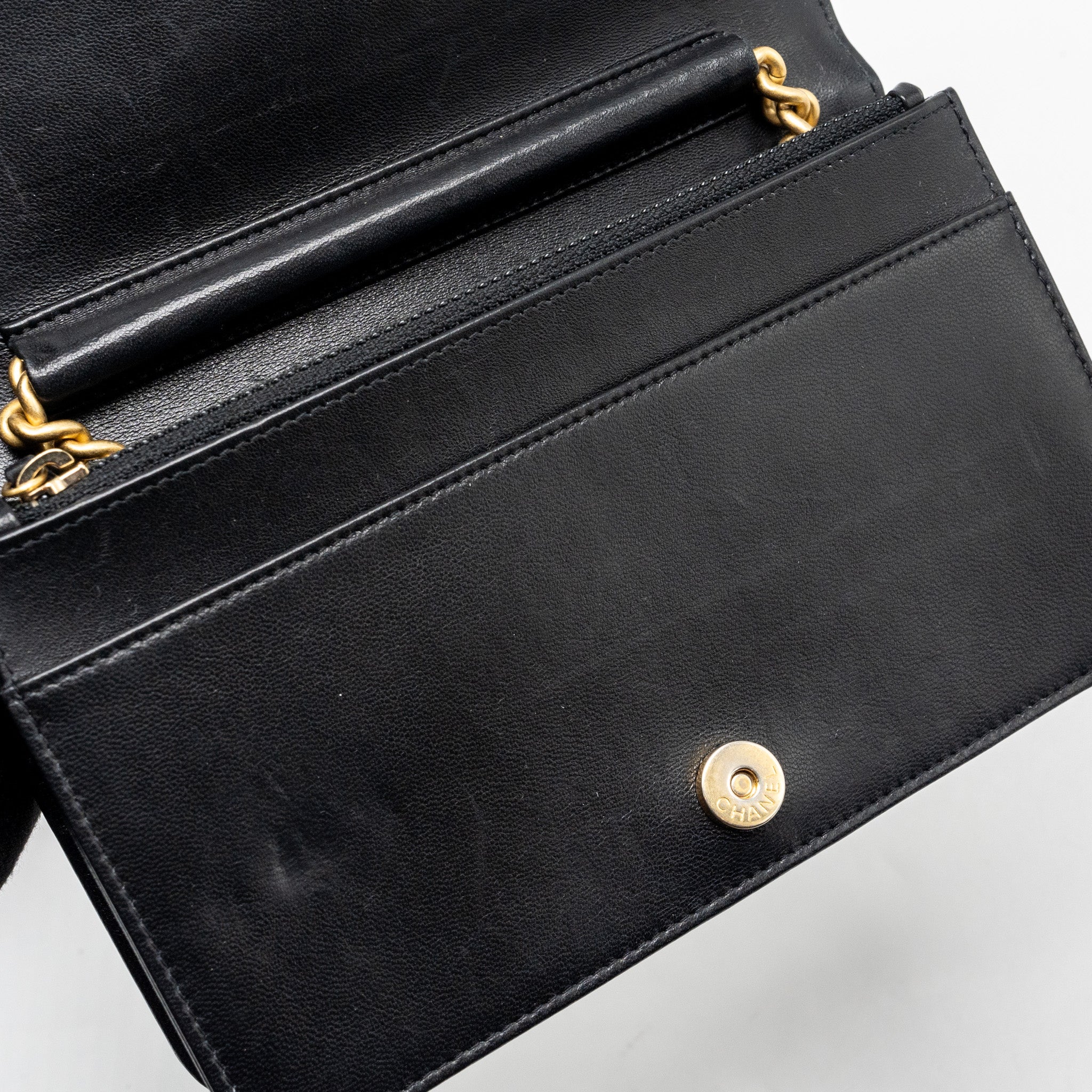 CHANEL BOY WALLET ON CHAIN LAMBSKIN BLACK BRUSHED GHW