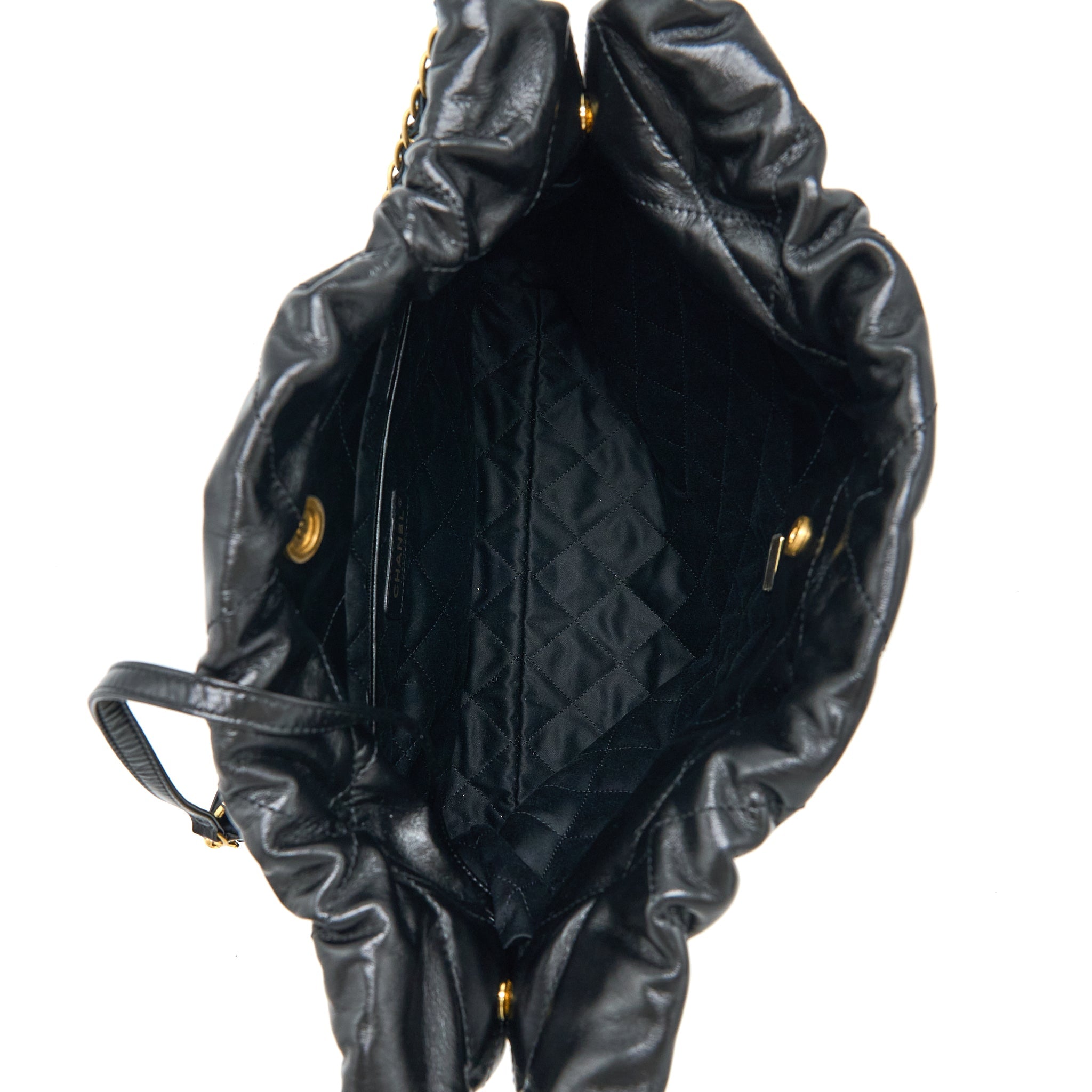 CHANEL SMALL 22 BAG GOLD LETTER SHINY CALFSKIN BLACK GHW (MICROCHIP)