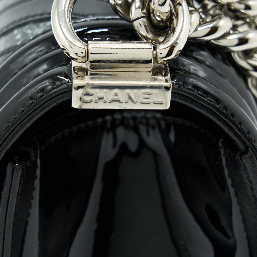 CHANEL MEDIUM BOY BAG CHEVRON LIMITED PATENT BLACK SHW