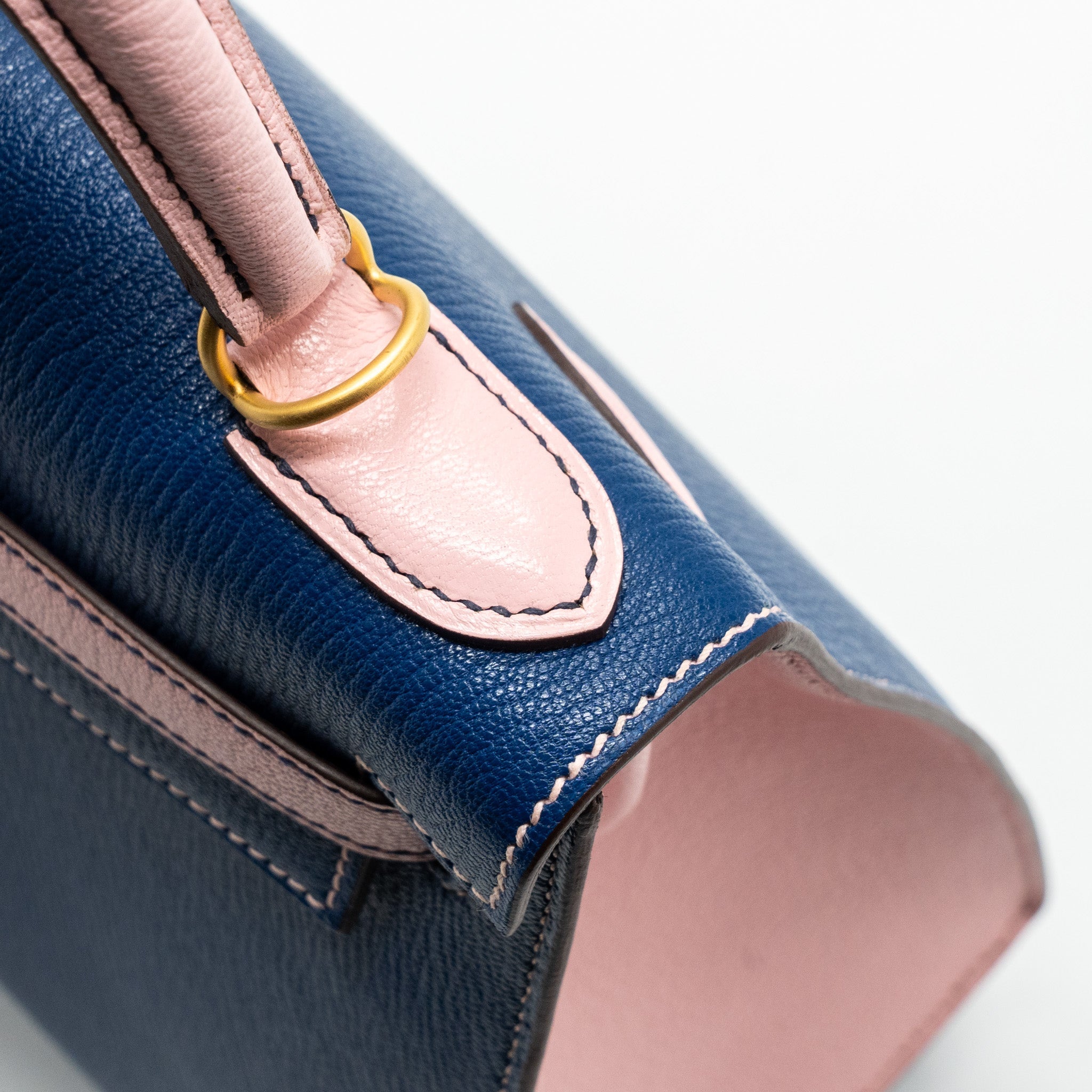 HERMES KELLY 28 SPECIAL ORDER CHEVRE MYSORE BLUE SAPPHIRE / ROSE SAKURA BRUSHED GHW