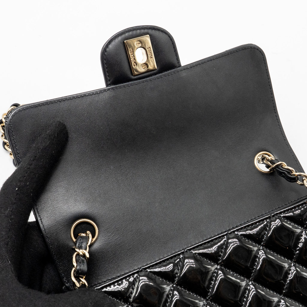 CHANEL MINI RECTANGULAR FLAP BAG PATENT LEATHER BLACK LGHW