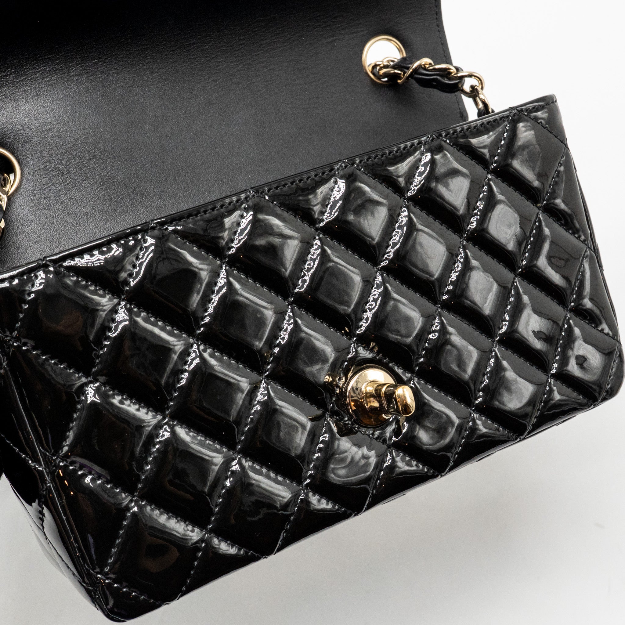 CHANEL MINI RECTANGULAR FLAP BAG PATENT LEATHER BLACK LGHW