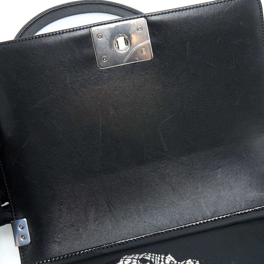 CHANEL MEDIUM BOY BAG CHEVRON LIMITED PATENT BLACK SHW