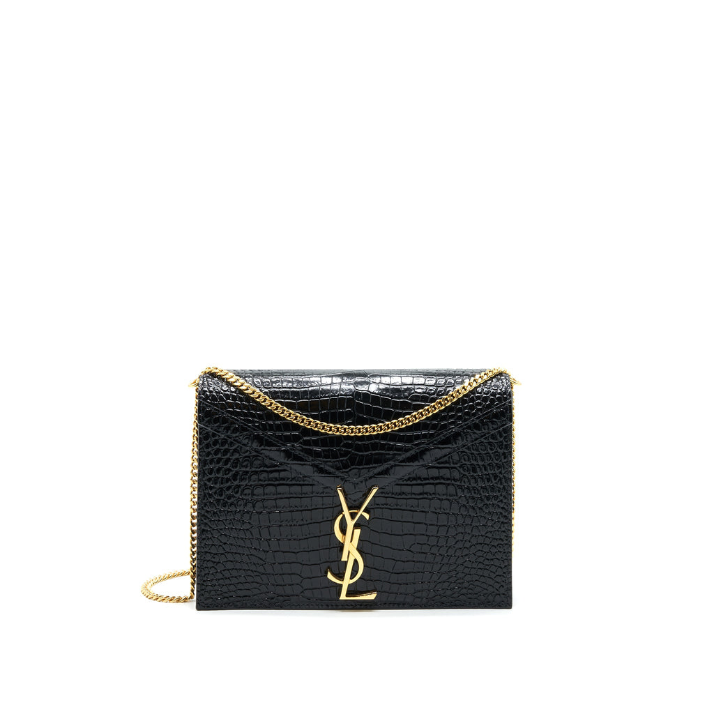 SAINT LAURENT CASSANDRA MONOGRAM CLASP BAG CROC-EMBOSSED CALFSKIN BLACK GHW