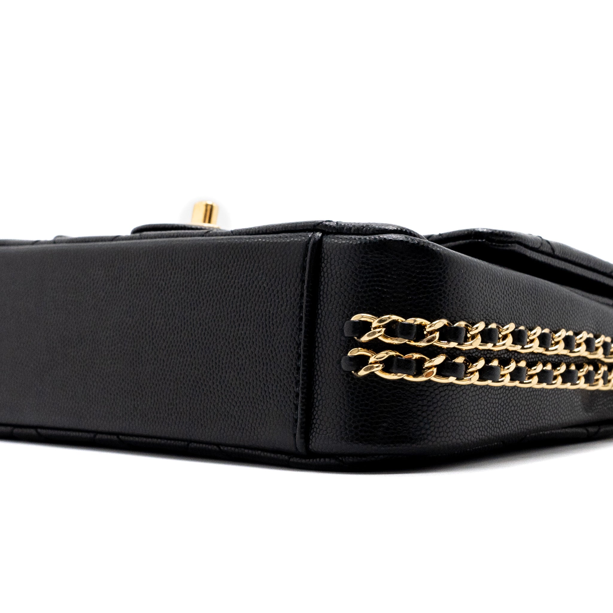 CHANEL QUILTED FLAP BAG WITH DOUBLE AND CC LOGO CHAIN CAVIAR BLACK GHW (MICROCHIP)