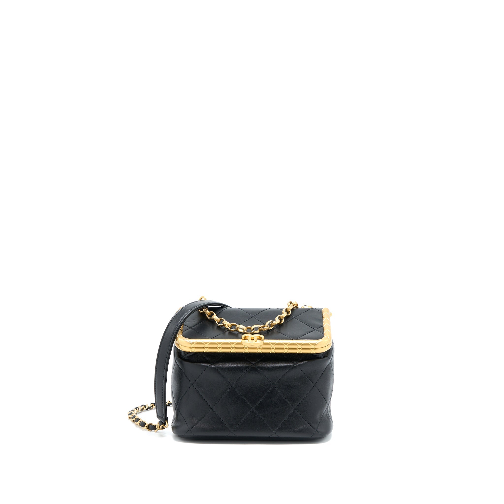 CHANEL KISS LOCK CLASP BAG LAMBSKIN BLACK BRUSHED GHW