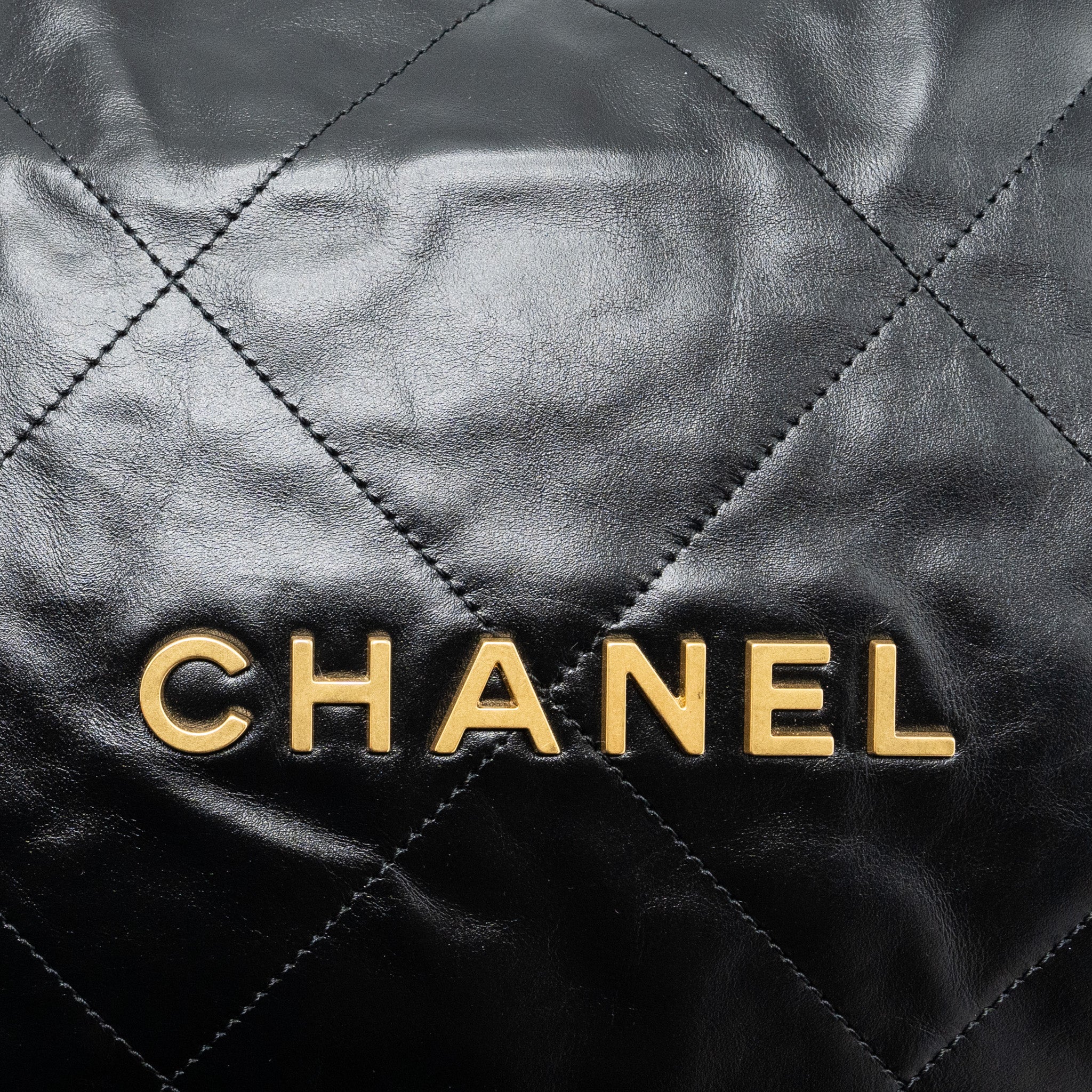 CHANEL SMALL 22 BAG GOLD LETTER SHINY  CALFSKIN BLACK BRUSHED GHW (MICROCHIP)