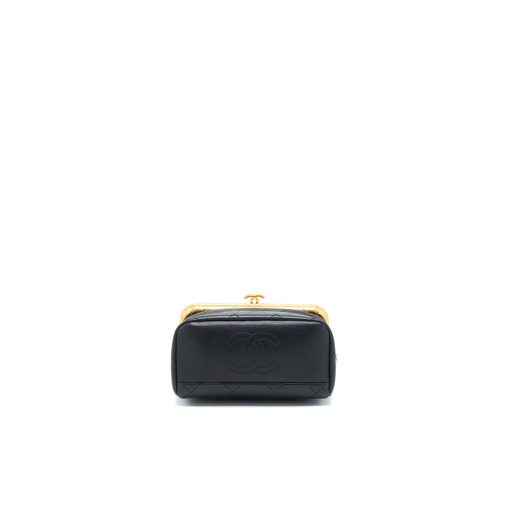 CHANEL KISS LOCK CLASP BAG LAMBSKIN BLACK BRUSHED GHW
