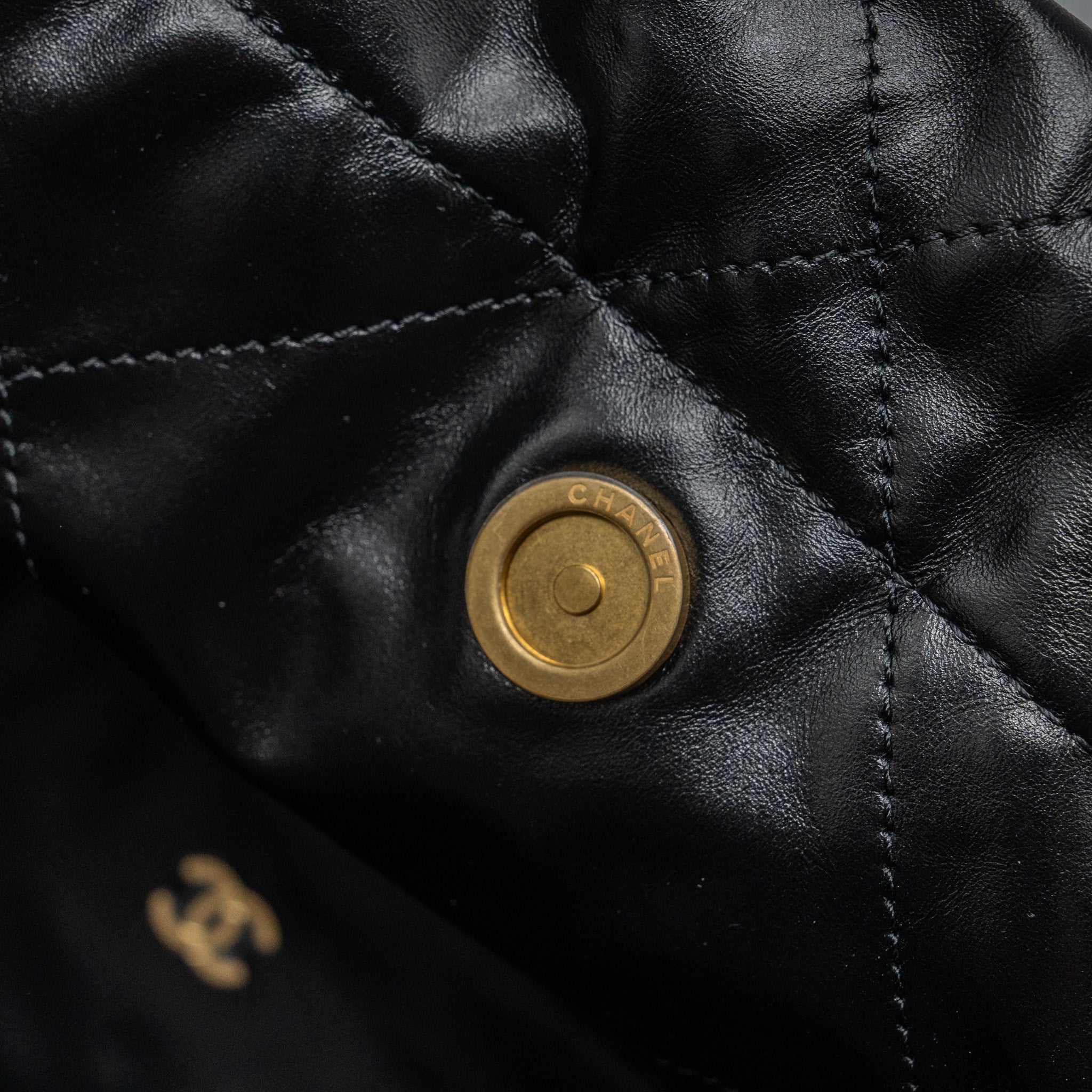 CHANEL SMALL 22 BAG GOLD LETTER SHINY  CALFSKIN BLACK BRUSHED GHW (MICROCHIP)