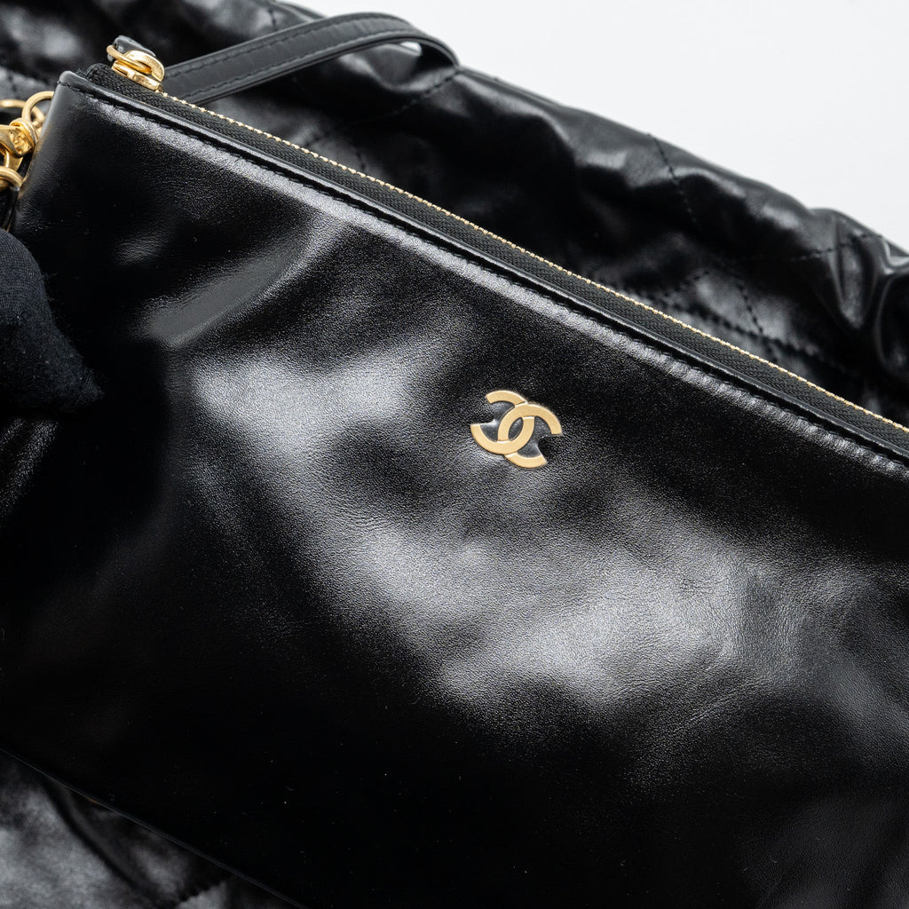 CHANEL SMALL 22 BAG GOLD LETTER SHINY  CALFSKIN BLACK BRUSHED GHW (MICROCHIP)