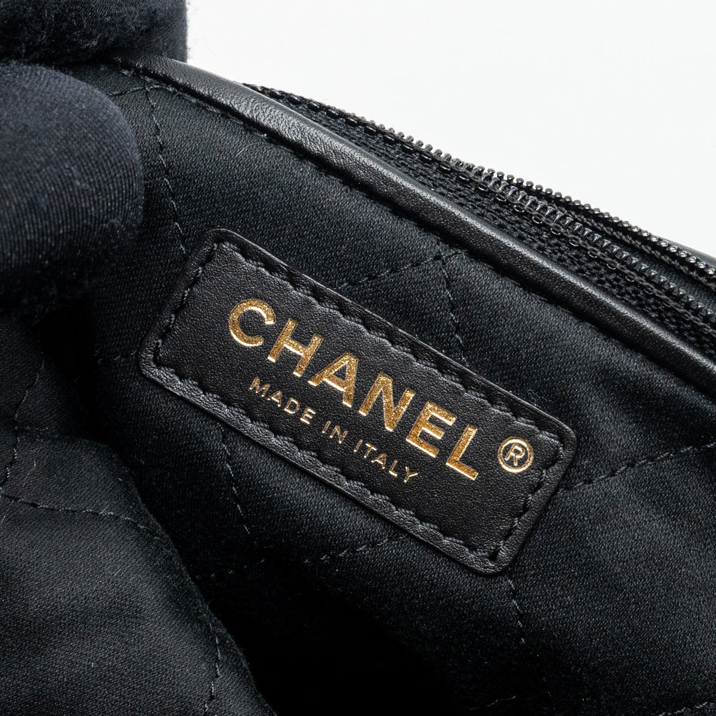 CHANEL SMALL 22 BAG GOLD LETTER SHINY  CALFSKIN BLACK BRUSHED GHW (MICROCHIP)