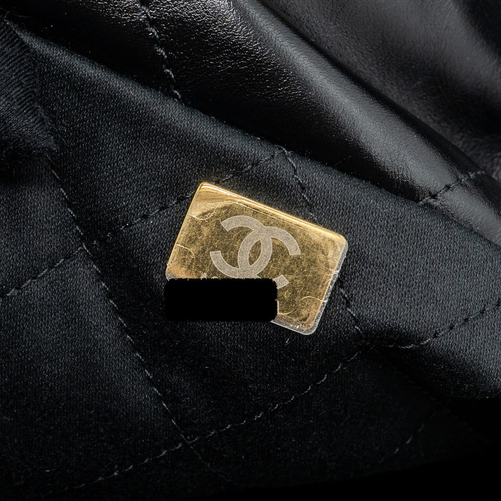 CHANEL SMALL 22 BAG GOLD LETTER SHINY  CALFSKIN BLACK BRUSHED GHW (MICROCHIP)