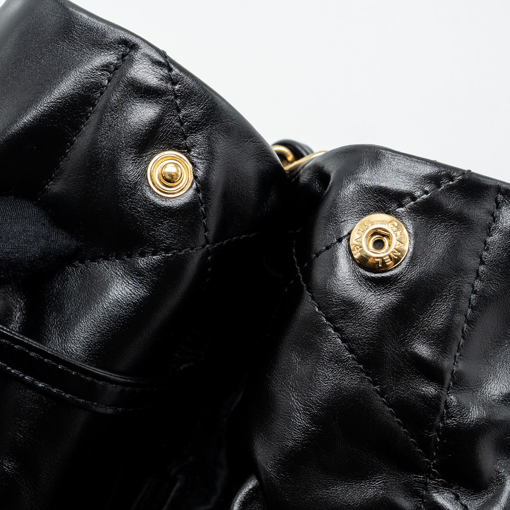 CHANEL SMALL 22 BAG GOLD LETTER SHINY  CALFSKIN BLACK BRUSHED GHW (MICROCHIP)