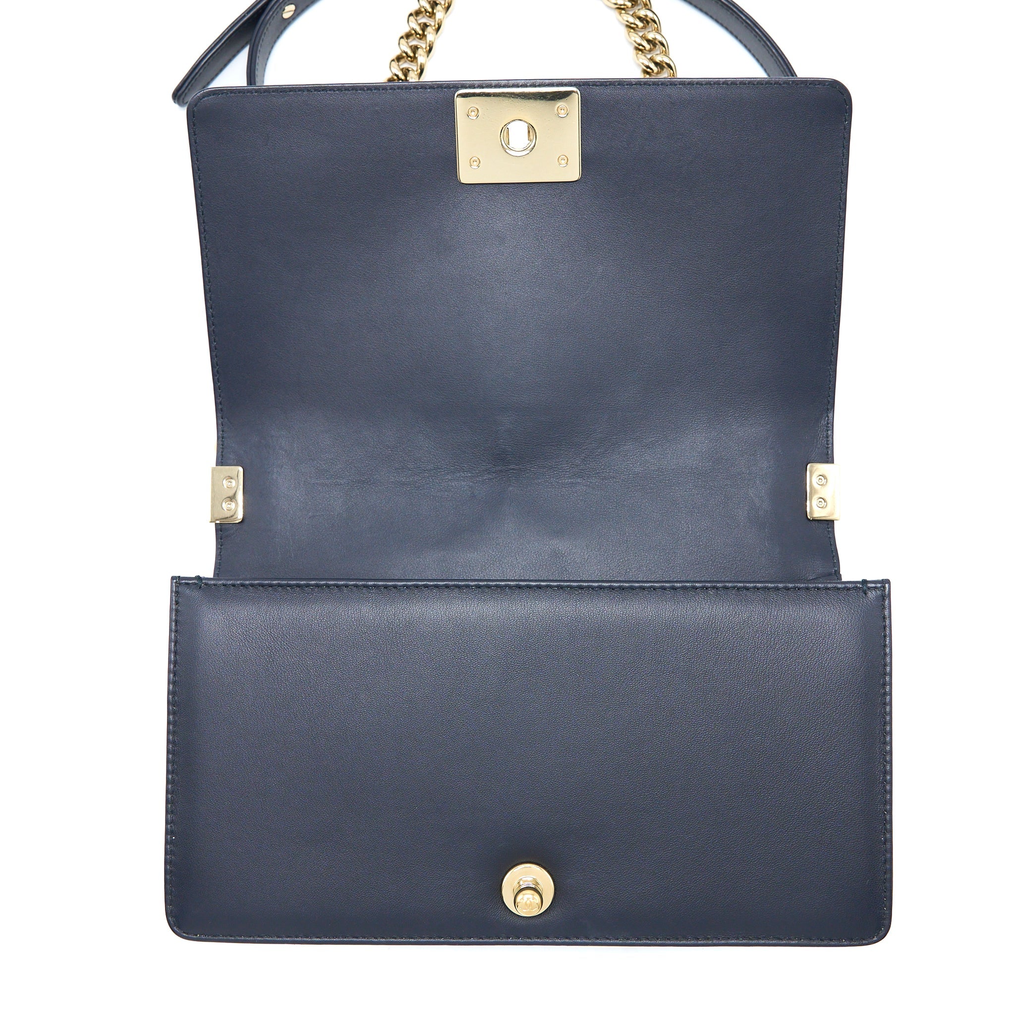 CHANEL MEDIUM BOY BAG CALFSKIN NAVY LGHW