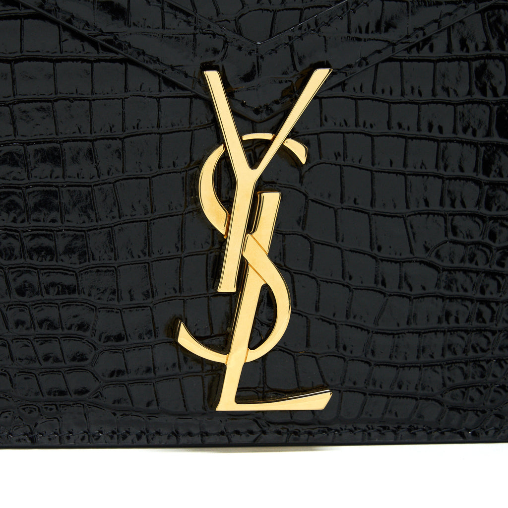 SAINT LAURENT CASSANDRA MONOGRAM CLASP BAG CROC-EMBOSSED CALFSKIN BLACK GHW