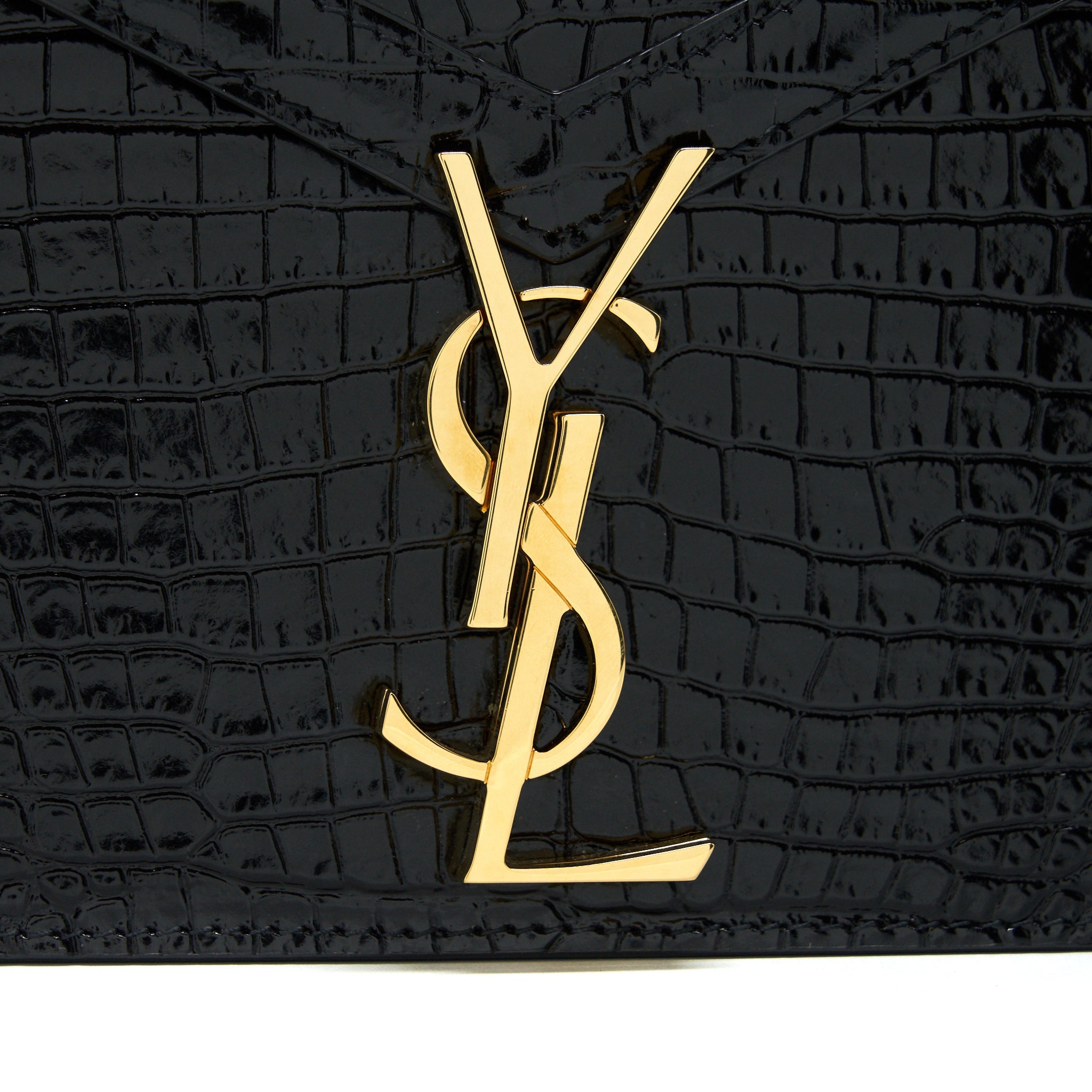 SAINT LAURENT CASSANDRA MONOGRAM CLASP BAG CROC-EMBOSSED CALFSKIN BLACK GHW