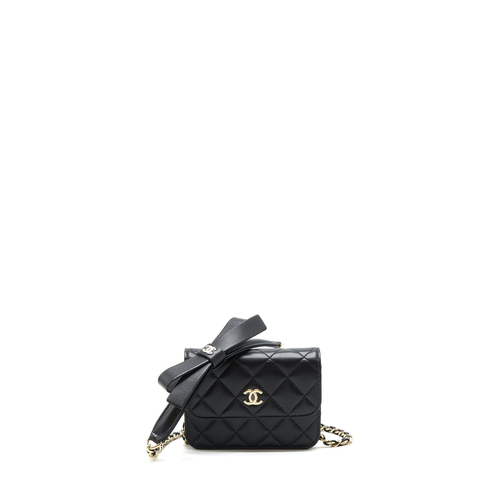 CHANEL MINI FLAP CARD HOLDER RIBBON CHAIN LAMBSKIN BLACK LGHW
