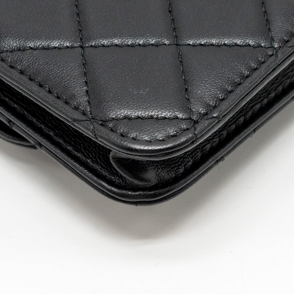 CHANEL ZIRCONIUM FLAP CLUTCH/CARD HOLDER WITH CHAIN LAMBSKIN BLACK GHW