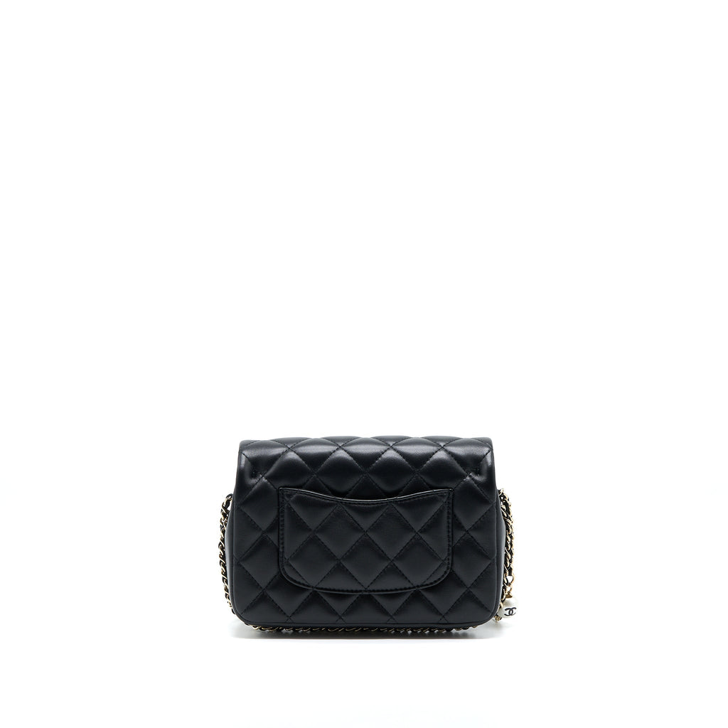CHANEL SMALL PEARL LOGO STRAP FLAP BAG LAMBSKIN BLACK LGHW