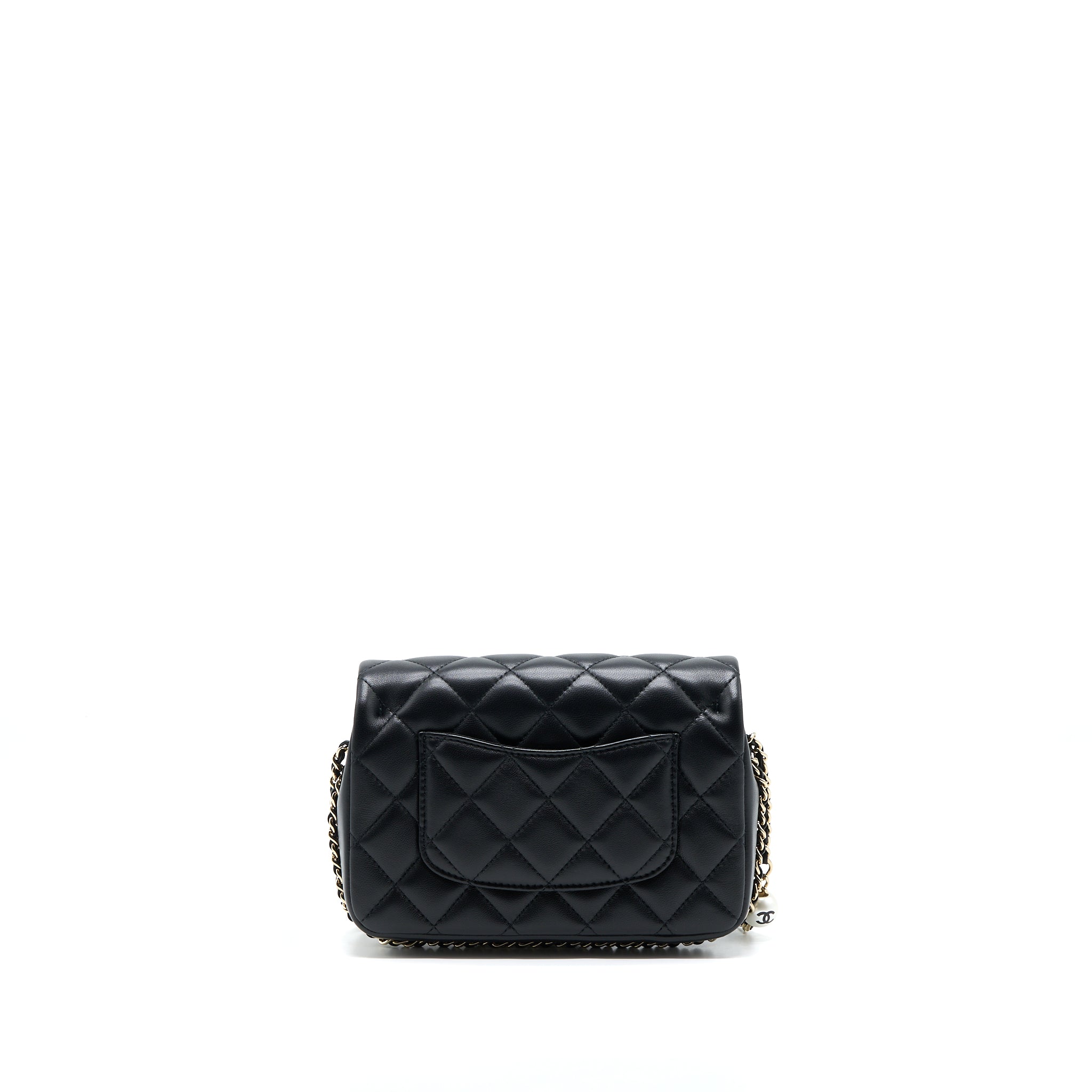 CHANEL SMALL PEARL LOGO STRAP FLAP BAG LAMBSKIN BLACK LGHW