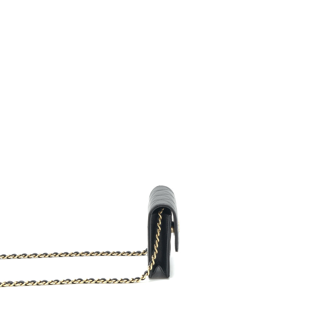 CHANEL MINI FLAP CARD HOLDER RIBBON CHAIN LAMBSKIN BLACK LGHW