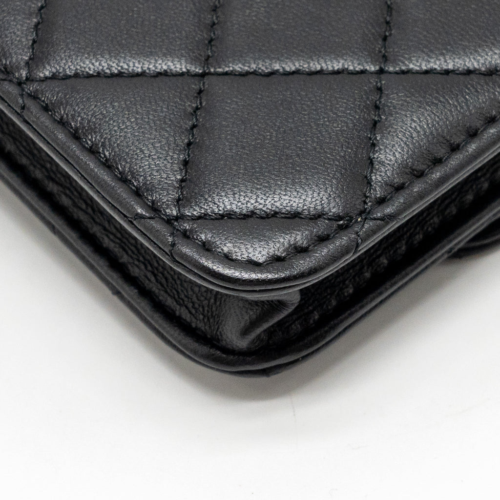 CHANEL ZIRCONIUM FLAP CLUTCH/CARD HOLDER WITH CHAIN LAMBSKIN BLACK GHW
