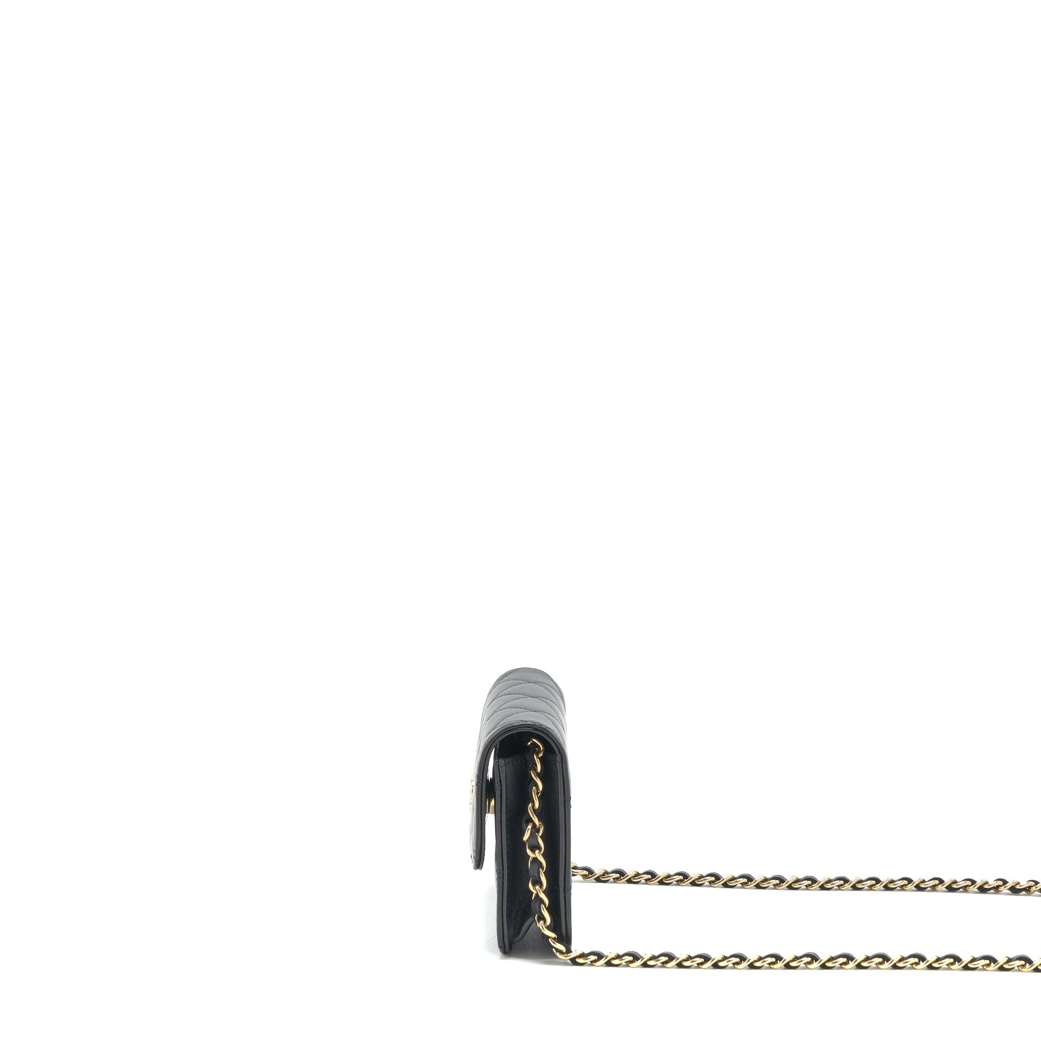 CHANEL MINI FLAP CARD HOLDER RIBBON CHAIN LAMBSKIN BLACK LGHW