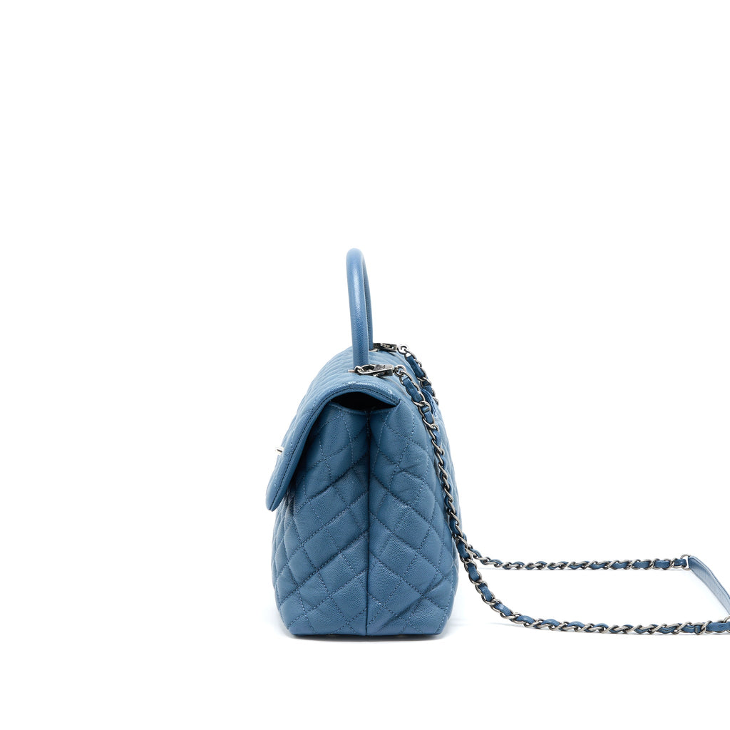 CHANEL COCO TOP HANDLE FLAP BAG CAVIAR BLUE RUTHENIUM HARDWARE