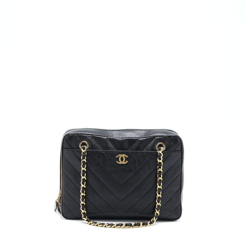 CHANEL VINTAGE CAMERA CHEVRON TOTE BAG CAVIAR BLACK GHW