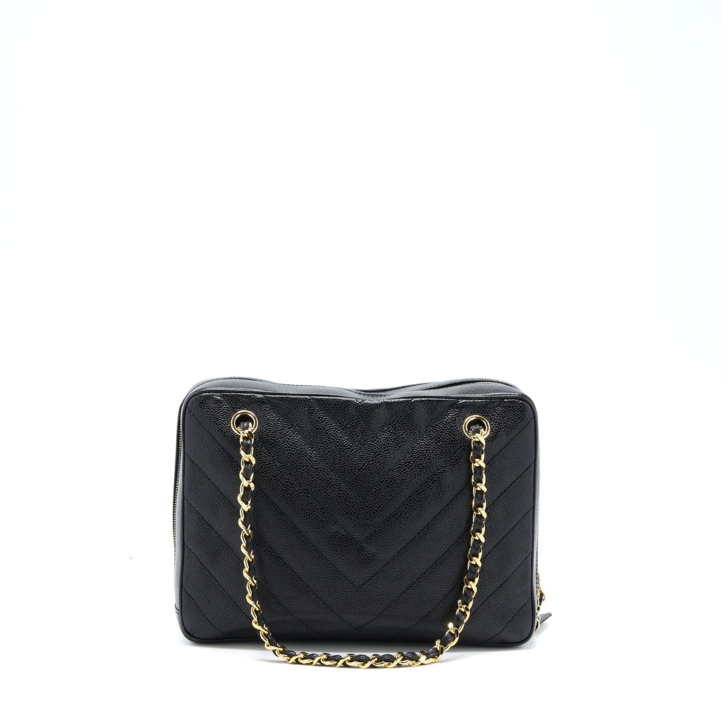CHANEL VINTAGE CAMERA CHEVRON TOTE BAG CAVIAR BLACK GHW