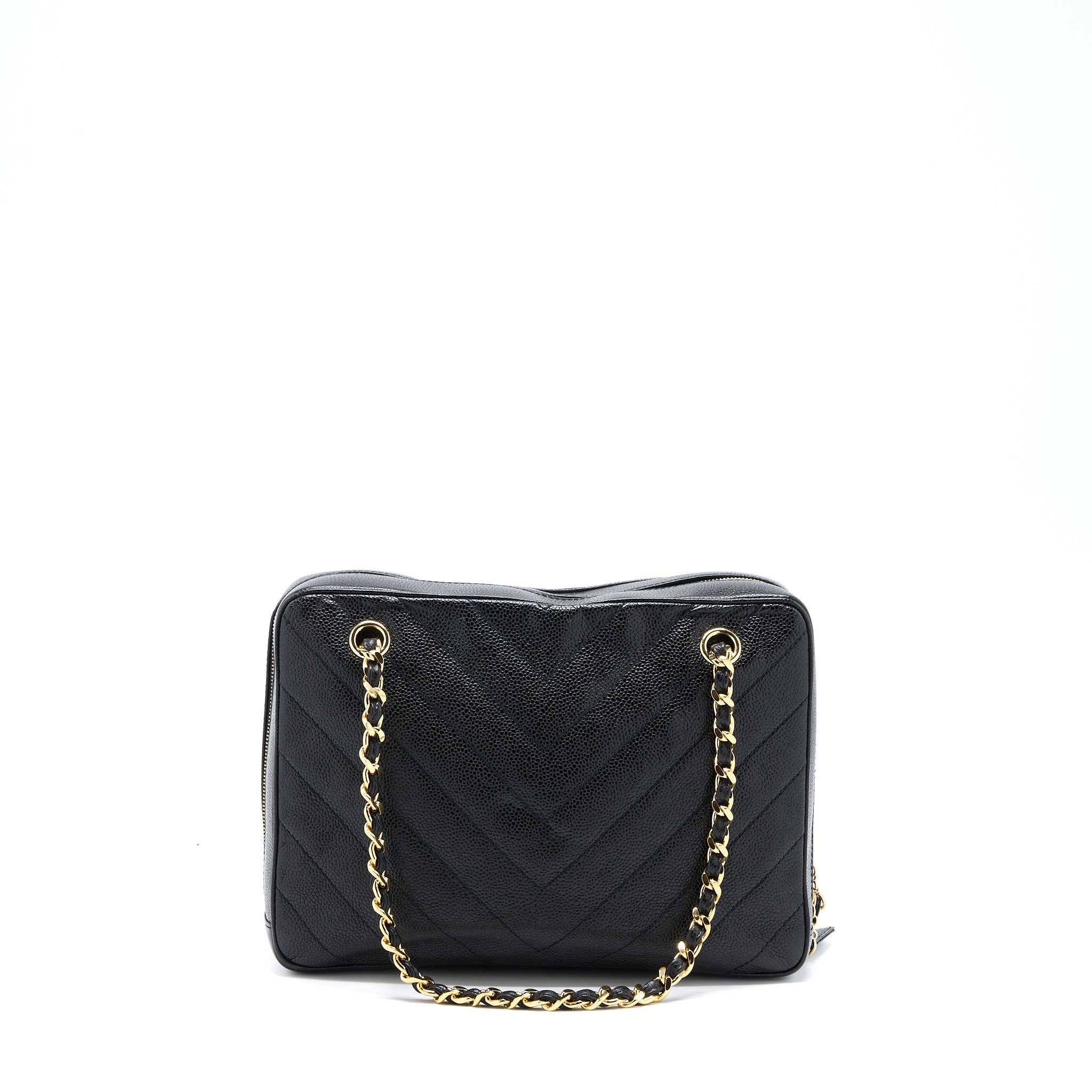 CHANEL VINTAGE CAMERA CHEVRON TOTE BAG CAVIAR BLACK GHW