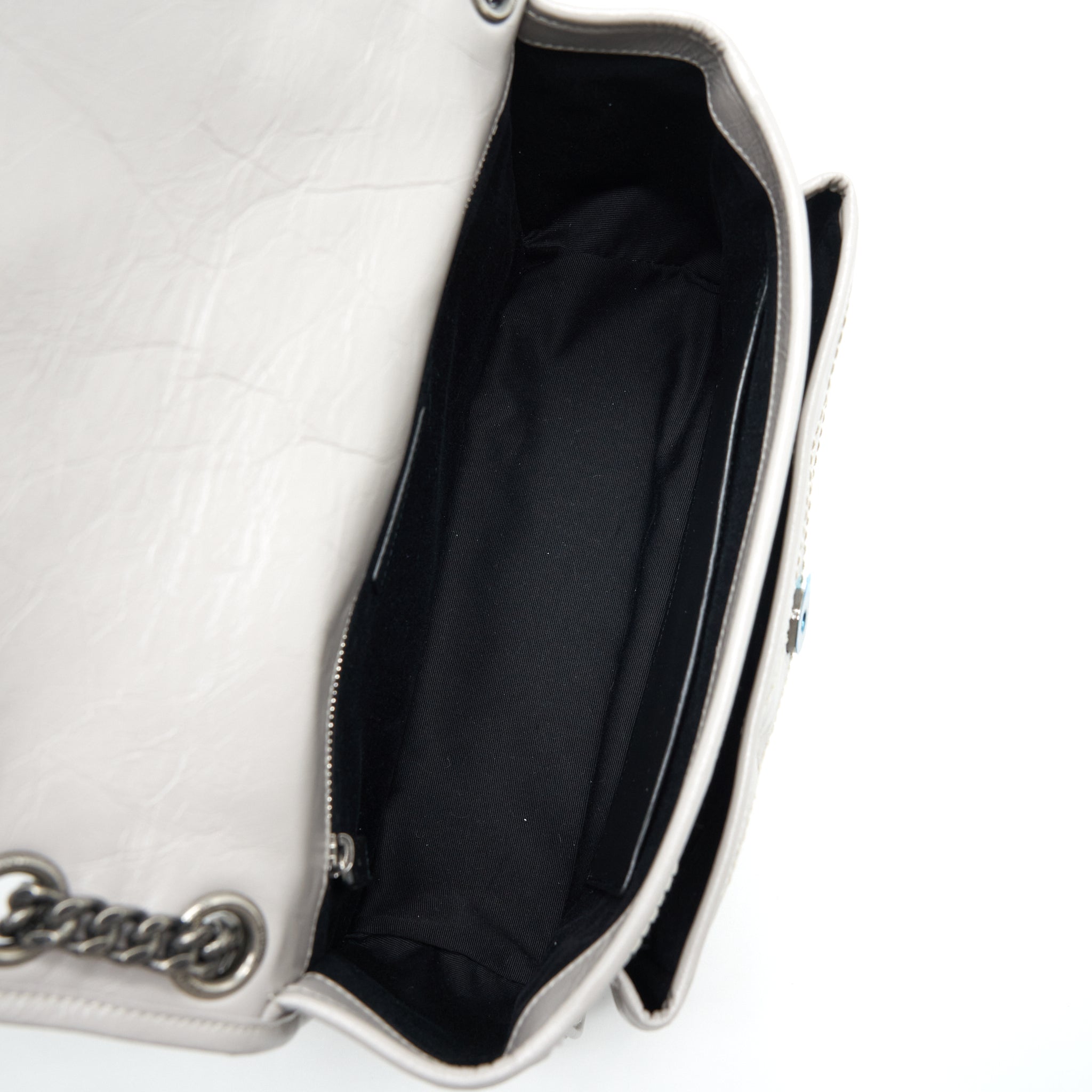 SAINT LAURENT MEDIUM NIKI BAG CALFSKIN LIGHT GREY WITH RUTHENIUM HARDWARE