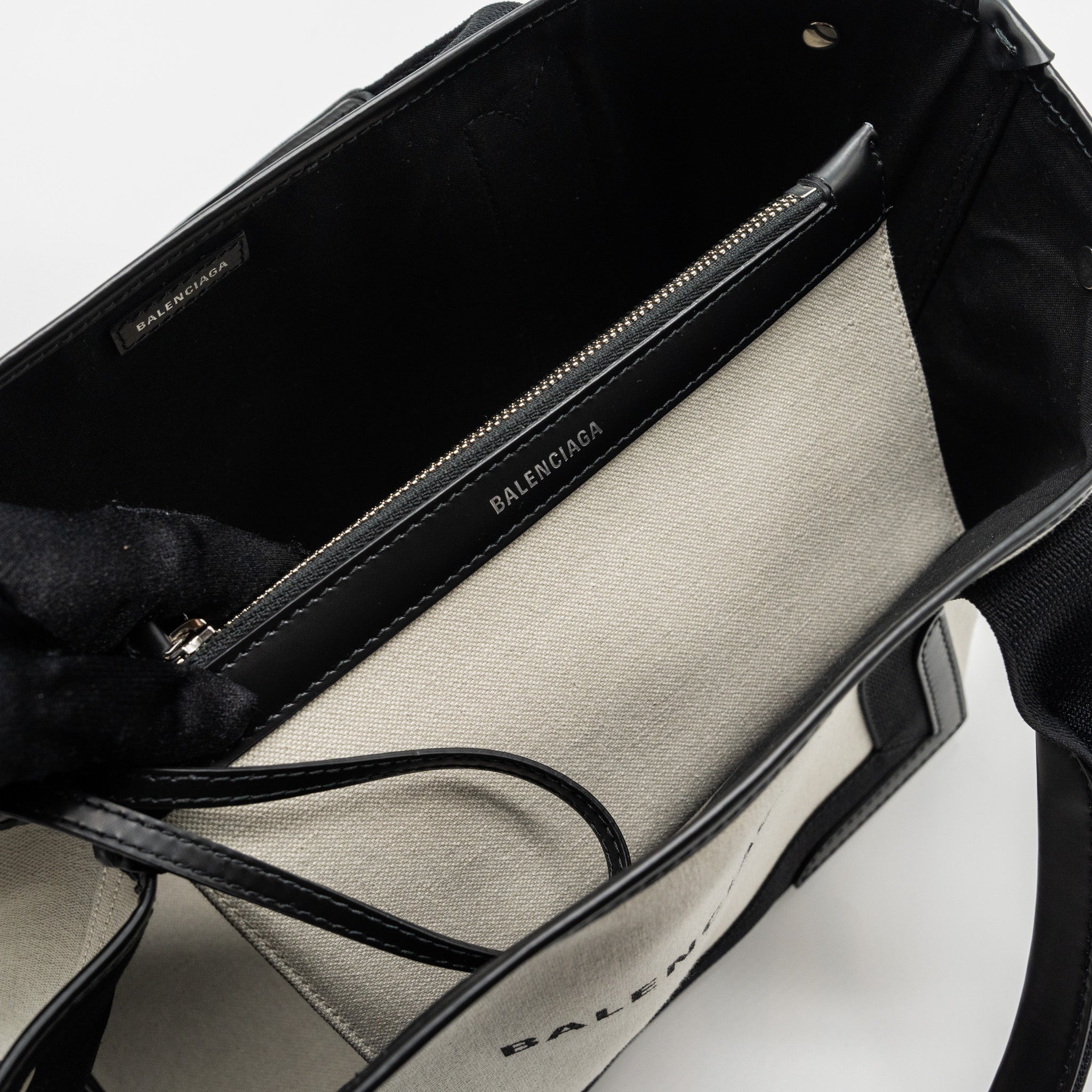 BALENCIAGA CABAS TOTE BAG CANVAS/CALFSKIN BEIGE/BLACK SHW