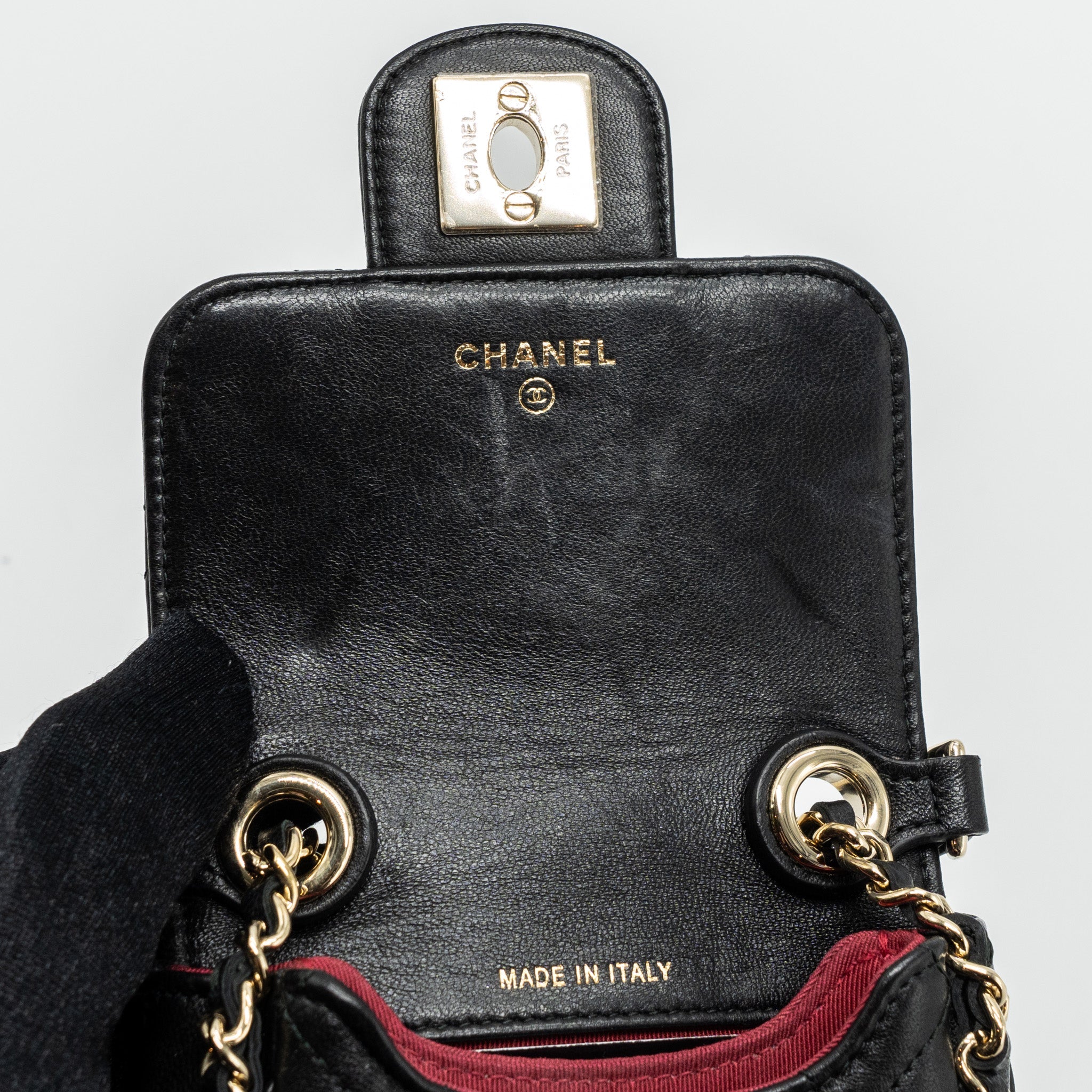 CHANEL PHONE HOLDER WITH CHAIN LAMBSKIN BLACK LGHW