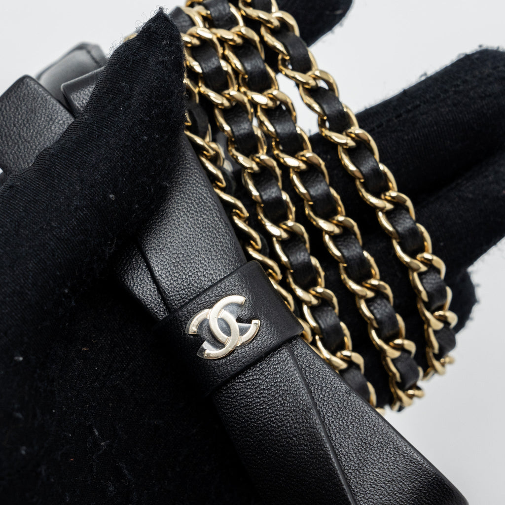 CHANEL MINI FLAP CARD HOLDER WITH RIBBON CHAIN LAMBSKIN BLACK LGHW