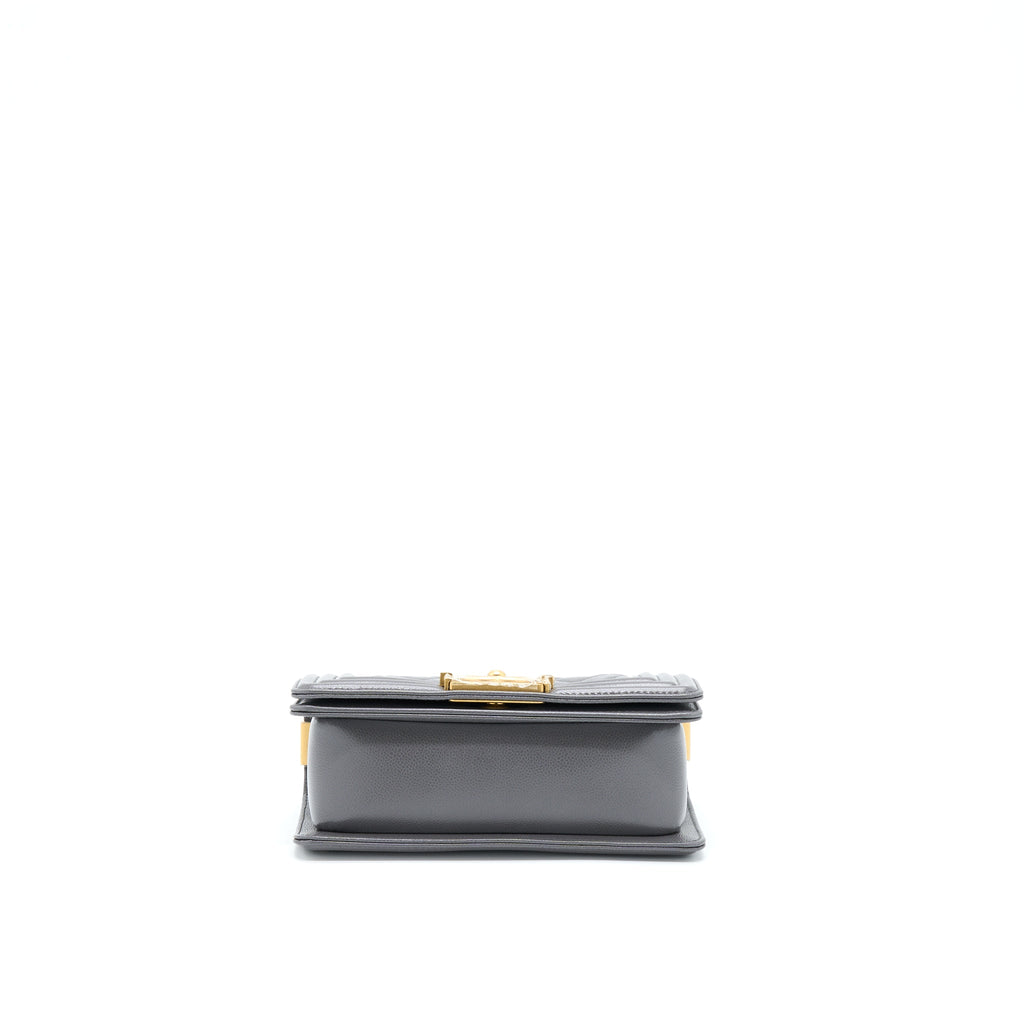 CHANEL SMALL BOY BAG CAVIAR GREY GHW (MICROCHIP)