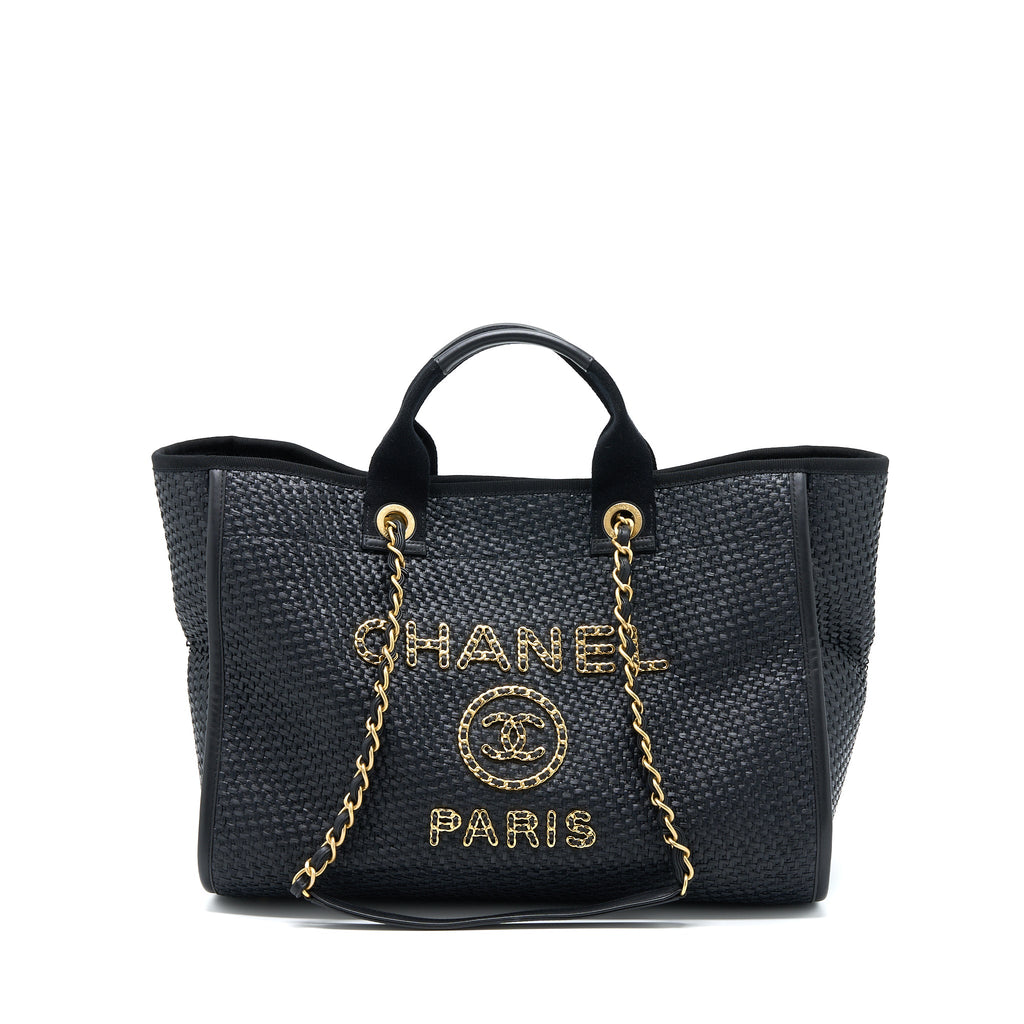 CHANEL BLACK RAFFIA DEAUVILLE TOTE BAG GHW