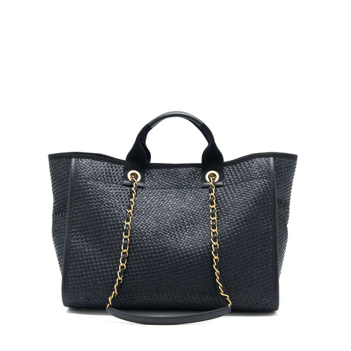 CHANEL BLACK RAFFIA DEAUVILLE TOTE BAG GHW