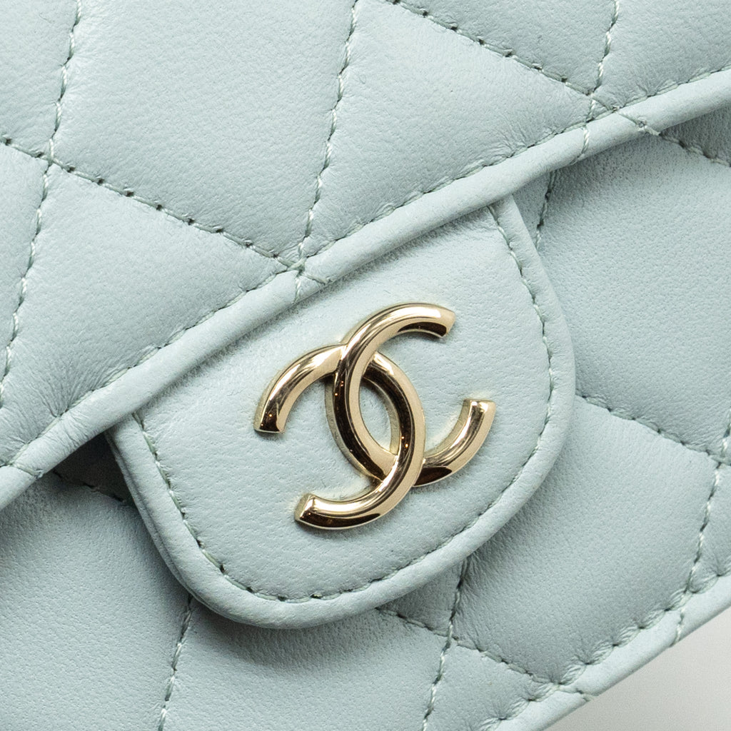 CHANEL TOP HANDLE MINI FLAP CLUTCH WITH CHAIN LAMBSKIN LIGHT BLUE LGHW