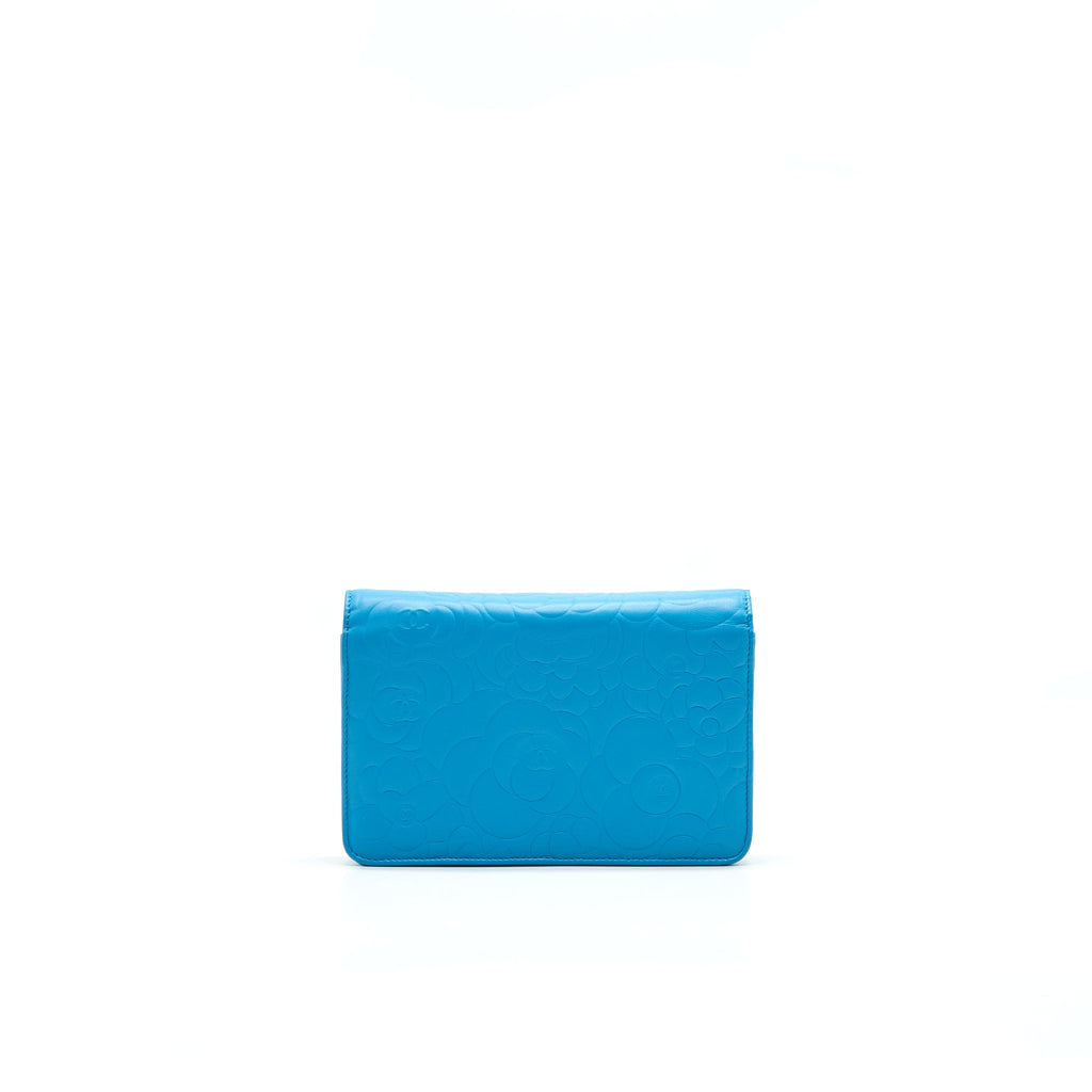 CHANEL CAMELIA WALLET ON CHAIN LAMBSKIN BLUE GHW