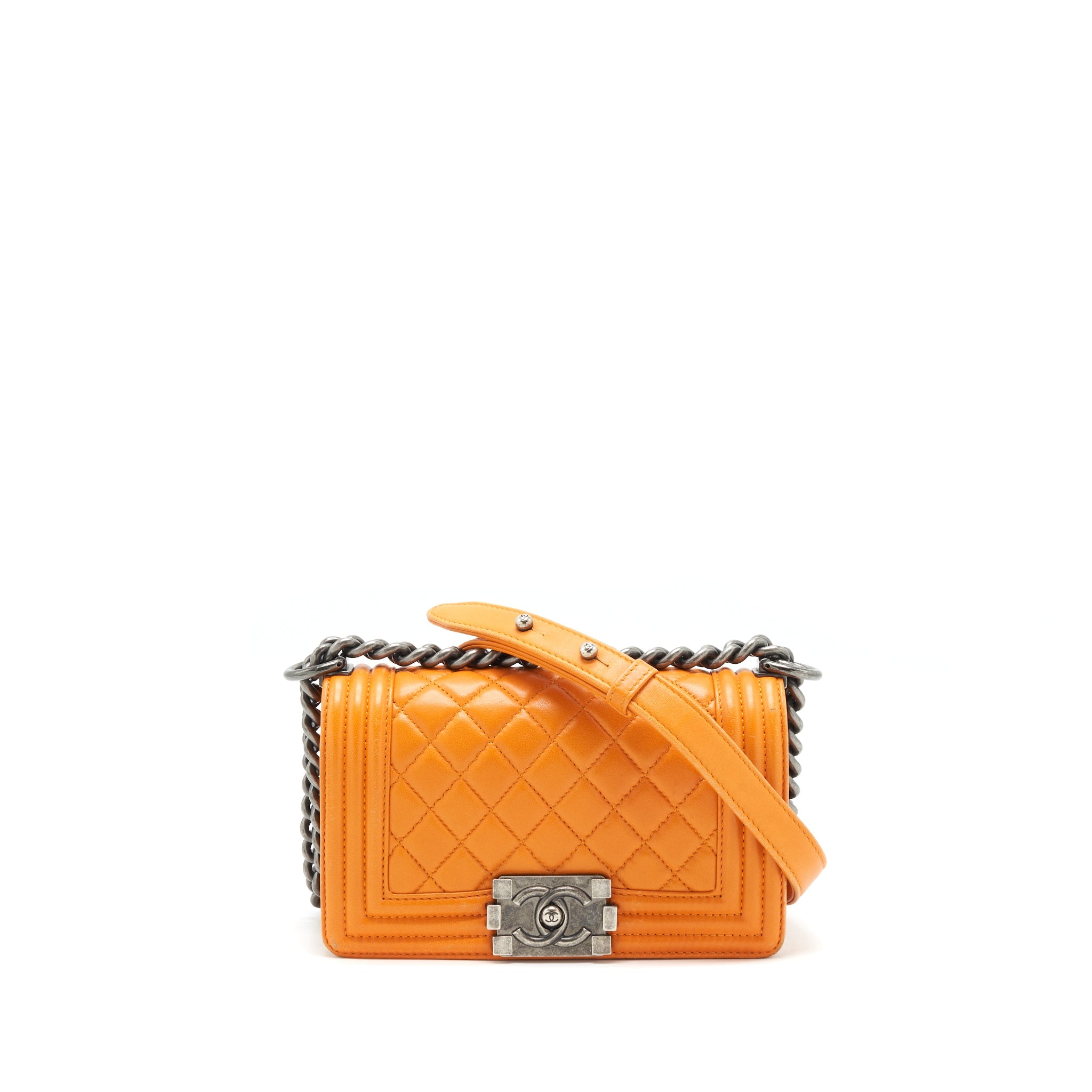 CHANEL SMALL BOY BAG LAMBSKIN ORANGE RUTHENIUM HARDWARE