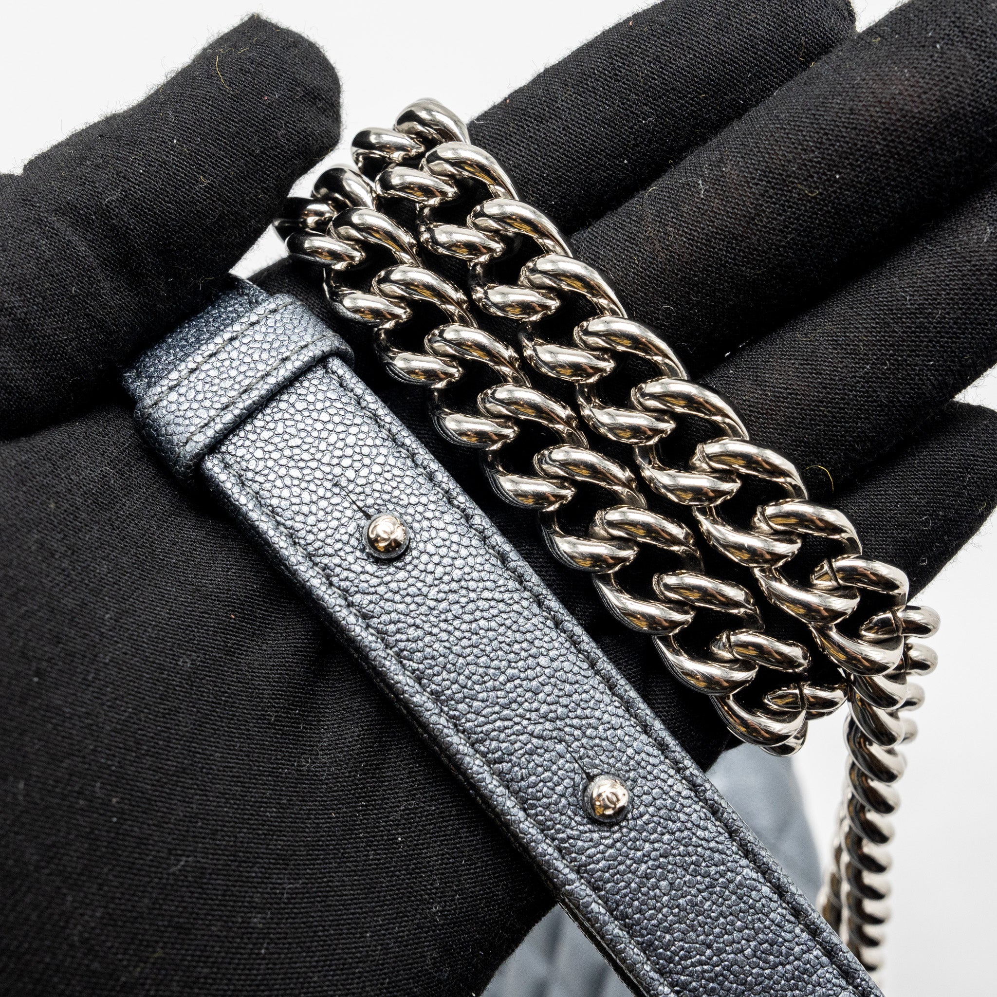 CHANEL NORTH SOUTH BOY BAG CAVIAR METALLIC GREY SHW