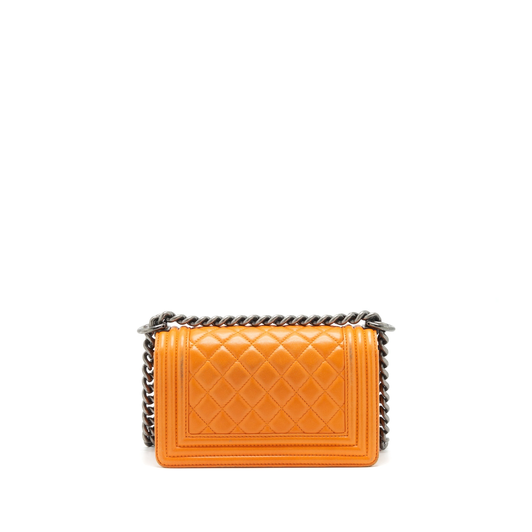 CHANEL SMALL BOY BAG LAMBSKIN ORANGE RUTHENIUM HARDWARE