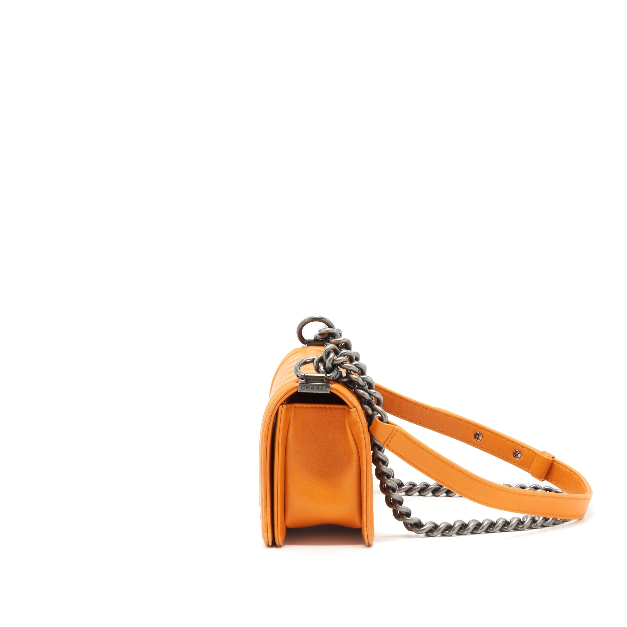 CHANEL SMALL BOY BAG LAMBSKIN ORANGE RUTHENIUM HARDWARE
