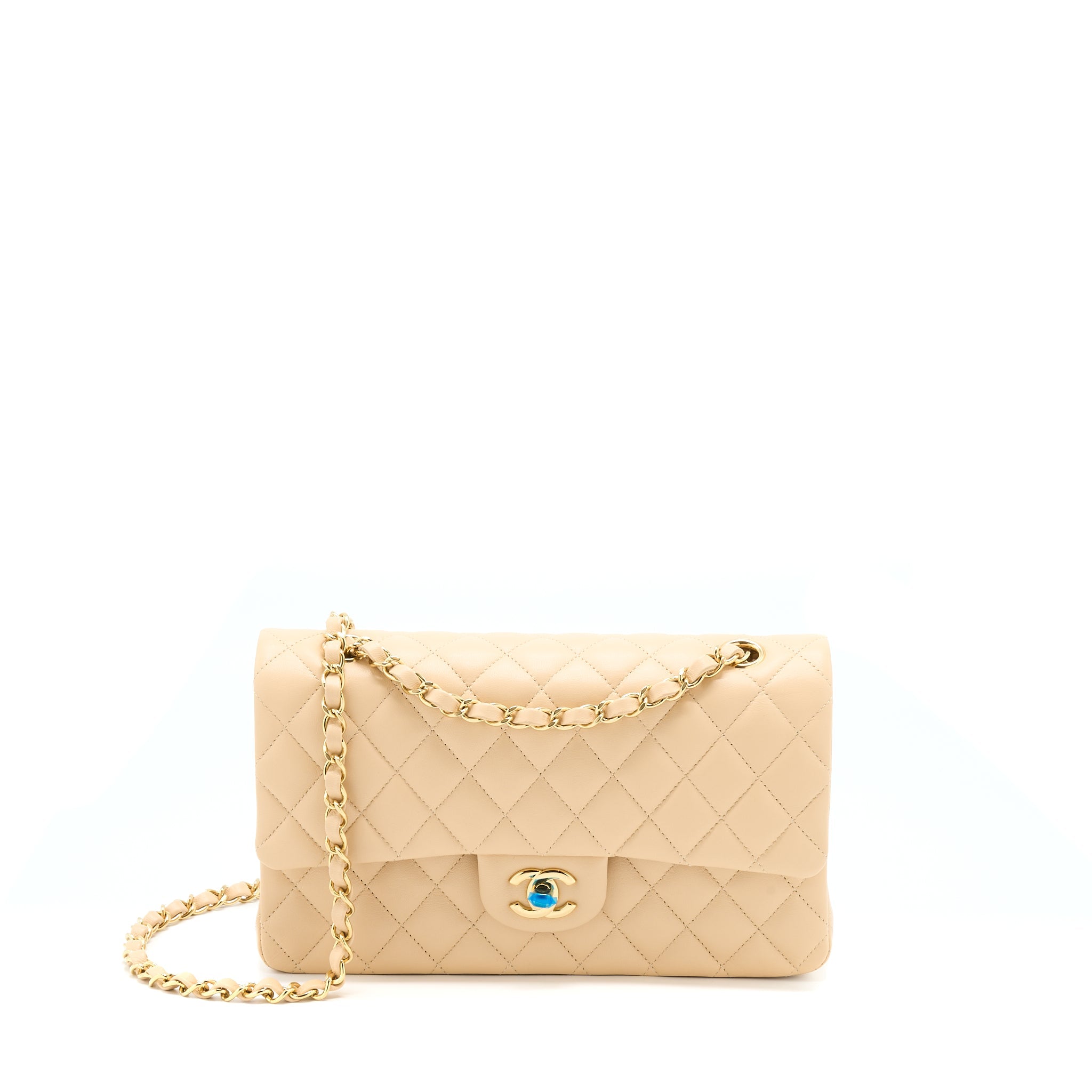 CHANEL MEDIUM CLASSIC FLAP BAG LAMBSKIN BEIGE LGHW (MICROCHIP)